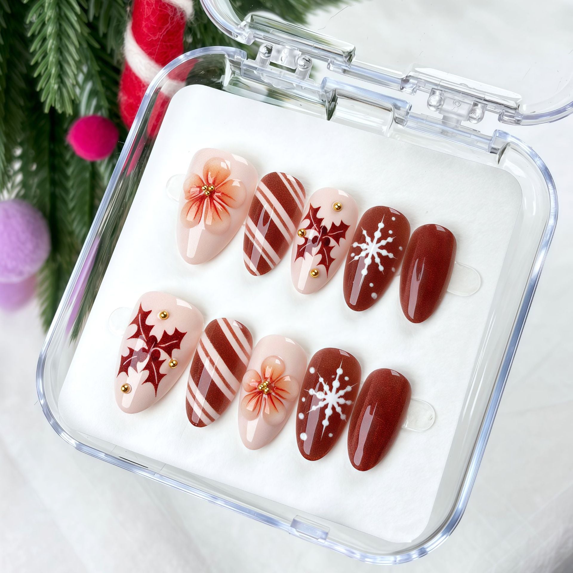 Christmas 3D Flower Presson on Nails 10Pcs Medium Almond Nails