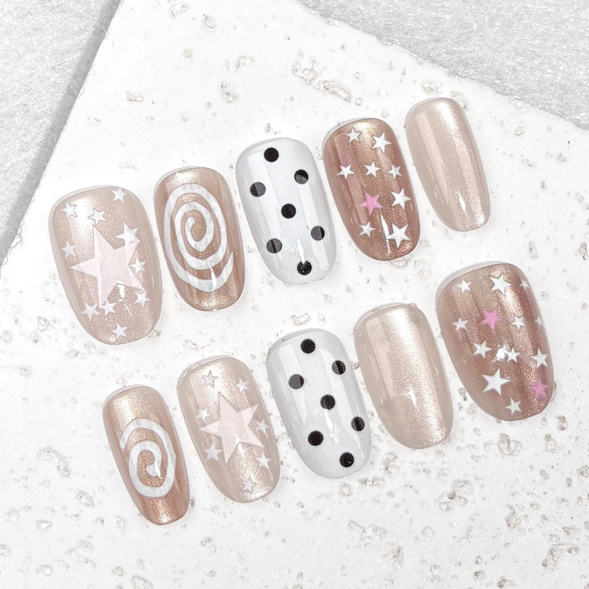 Polka Dot Star Cat Eye on Nails 10Pcs Short Oval Nails