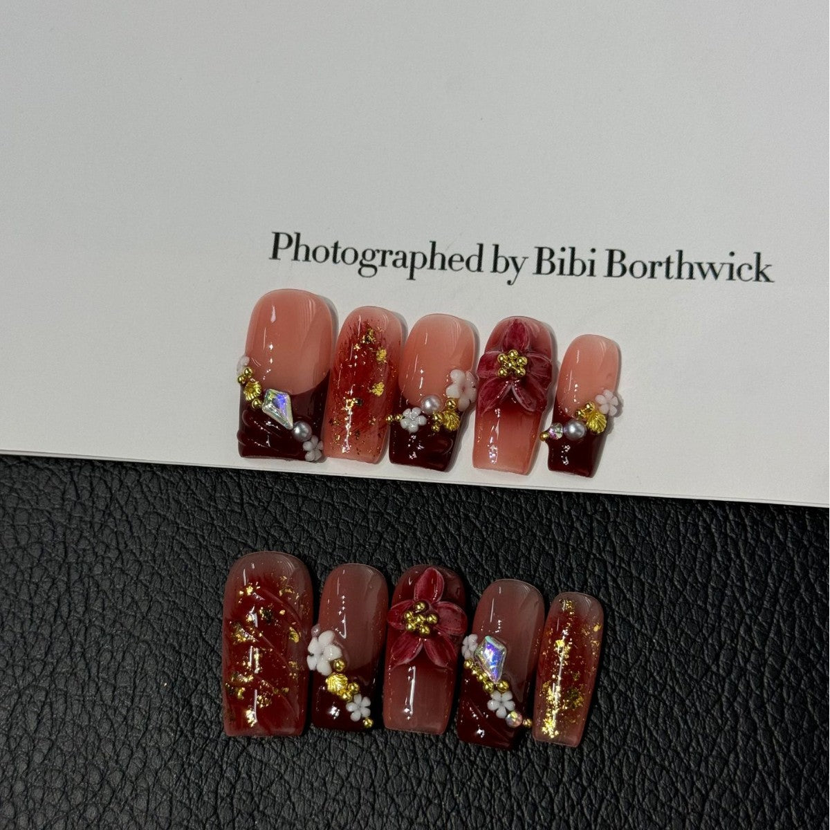 Burgundy Floral（Handmade press on nails）/10Pcs Square Nails