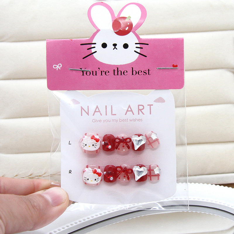 Polka Dot Stripe Kitty Diamond（Handmade Press On Nails）/10Pcs Short Children's Nails