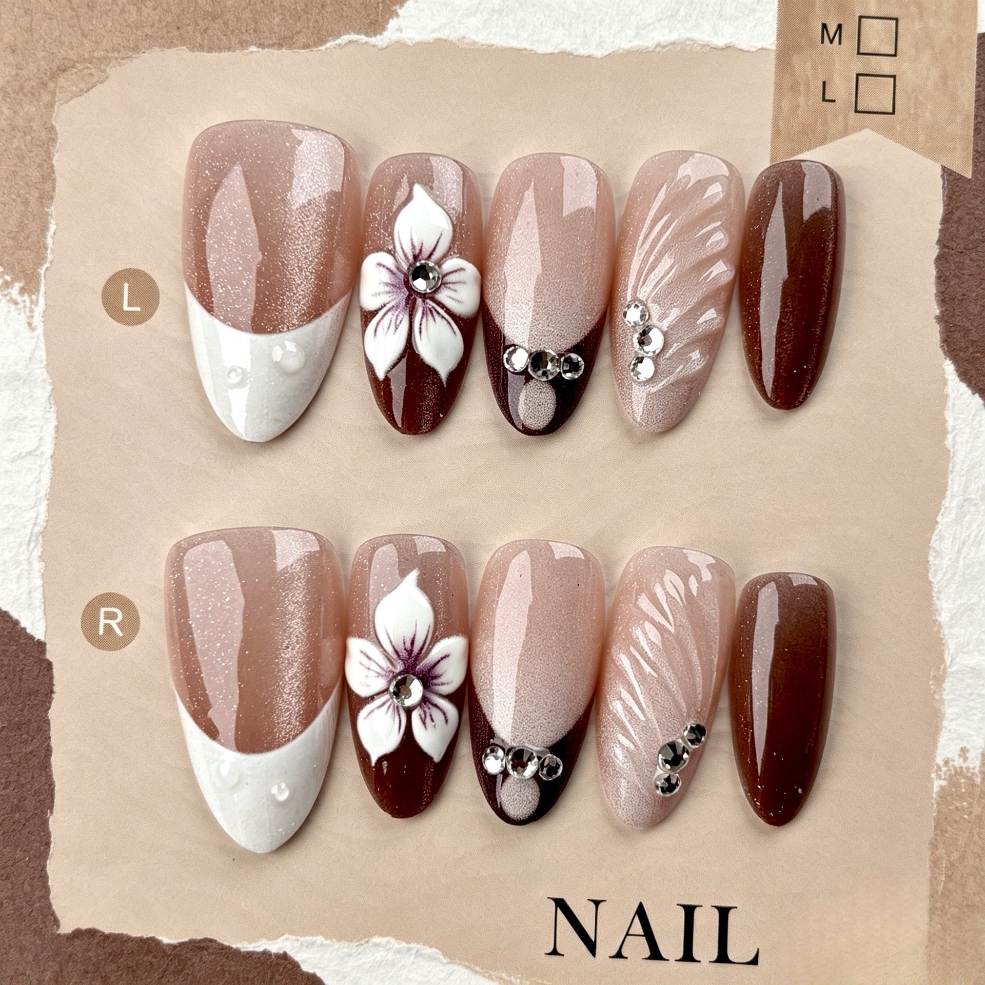 Mocha Coffee Cat Eye Press on Nails 10Pcs Medium Almond Nails
