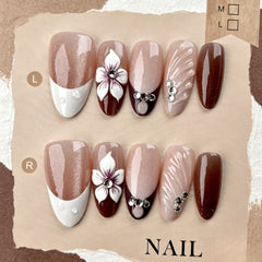 Mocha Coffee Cat Eye Press on Nails 10Pcs Medium Almond Nails