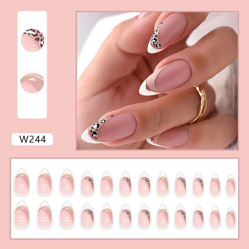 French Leopard Pattern Press on Nails 24Pcs Medium Almond Nails