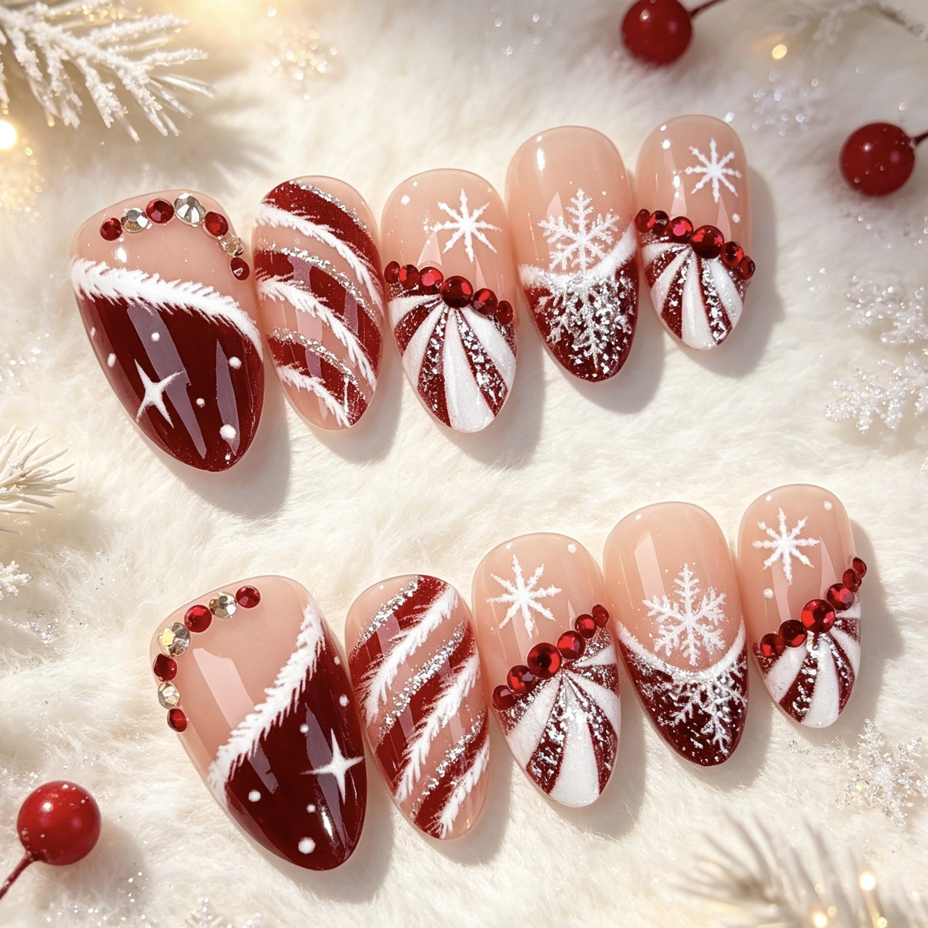 Frosty Christmas Presson on Nails 10Pcs Medium Almond Nails