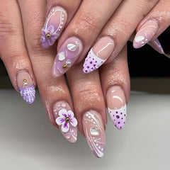 Purple Blooming 3D Flowers Press on Nails 24Pcs Medium Almond Nails