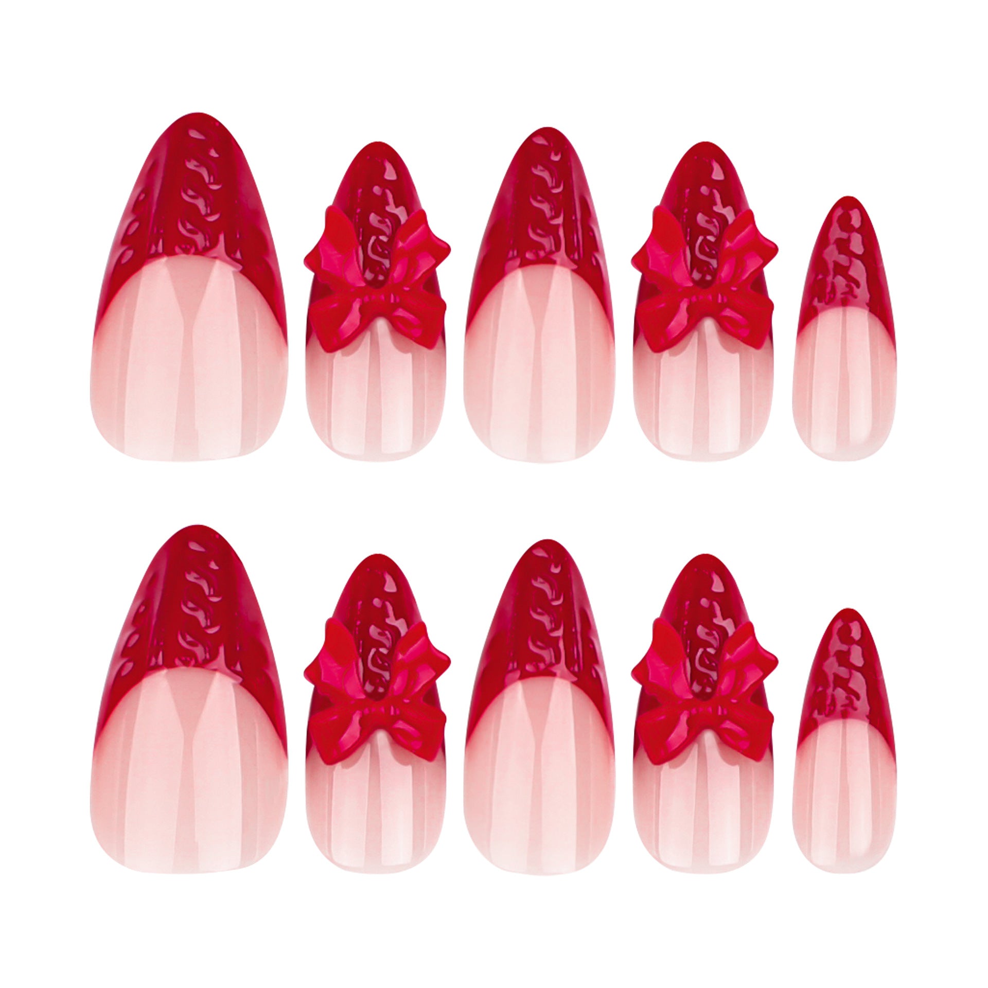 3D Red French Bow Press on Nails 24Pcs Medium Almond Nails