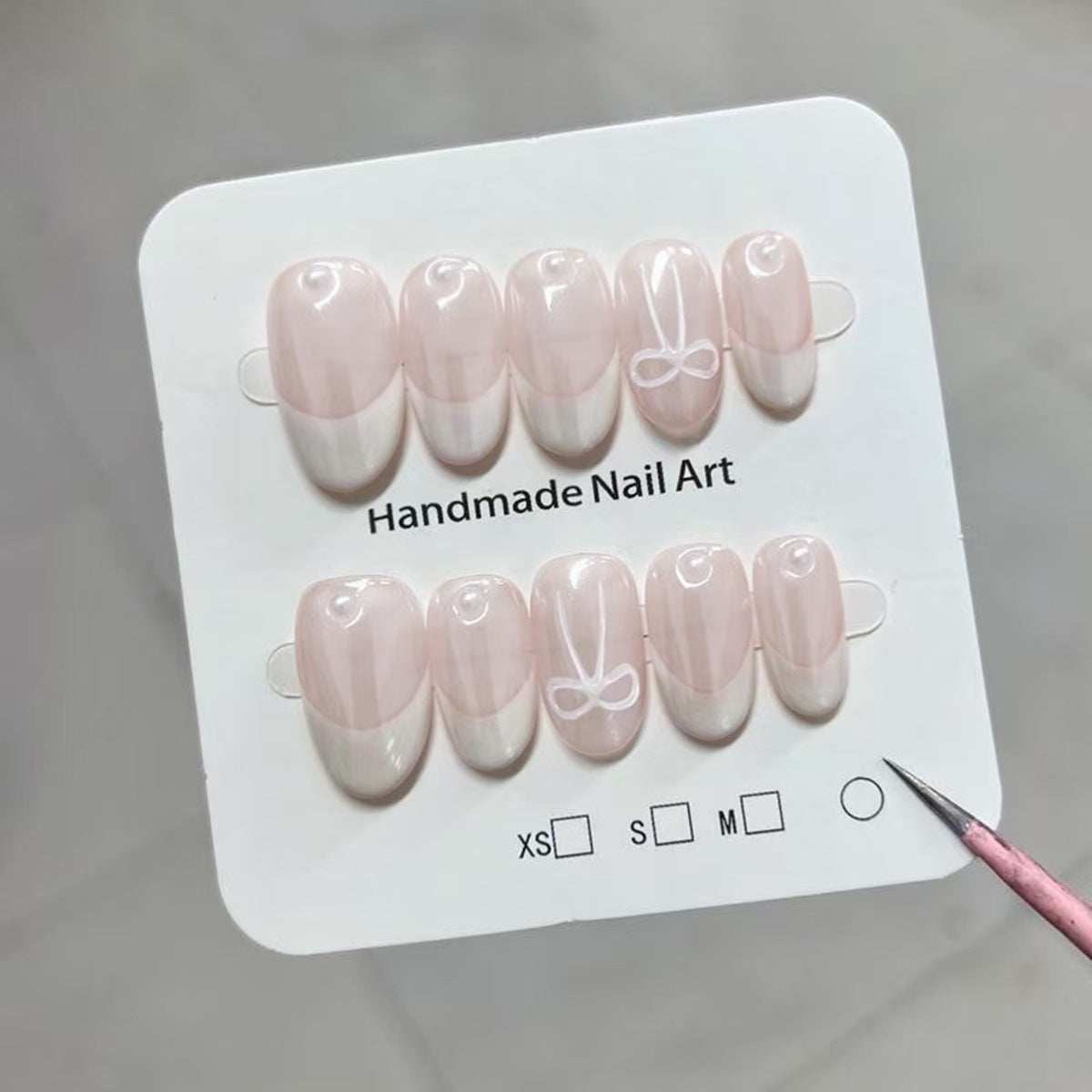 French Pearl Bow（Handmade press on nails）/10Pcs Almond Nails