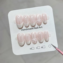 French Pearl Bow（Handmade press on nails）/10Pcs Almond Nails