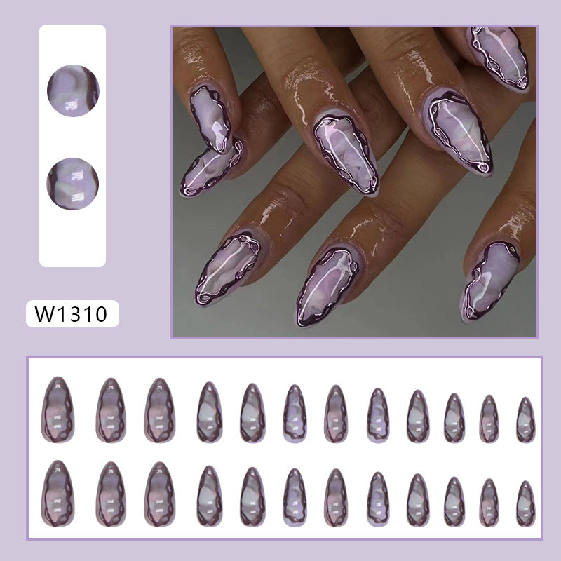 Purple Ripples Press on Nails 24Pcs Medium Almond Nails