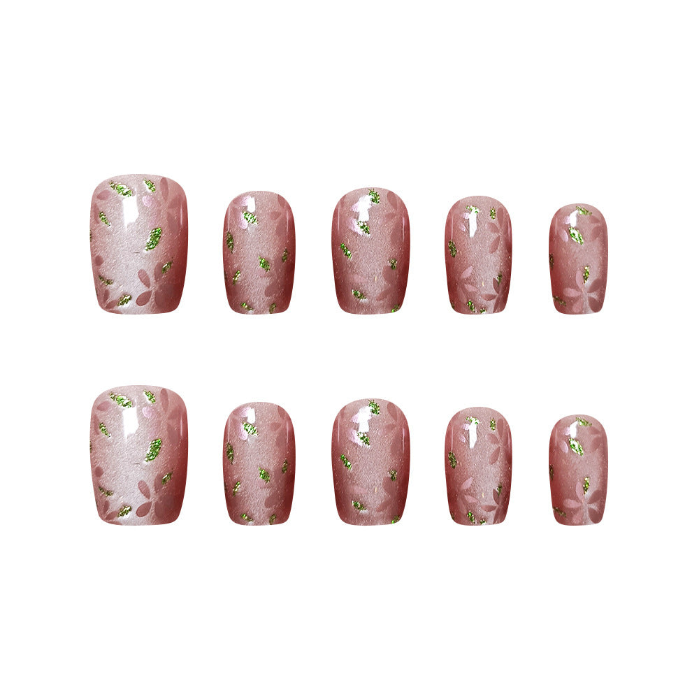 Green Leaves and Flowers Cat Eye（Handmade press on nails）/10Pcs Square Nails