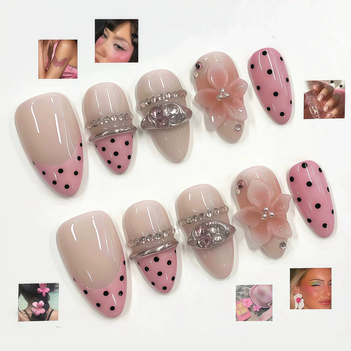 Pink Polka Dot 3D Flower Presson on Nails 10Pcs Medium Almond Nails