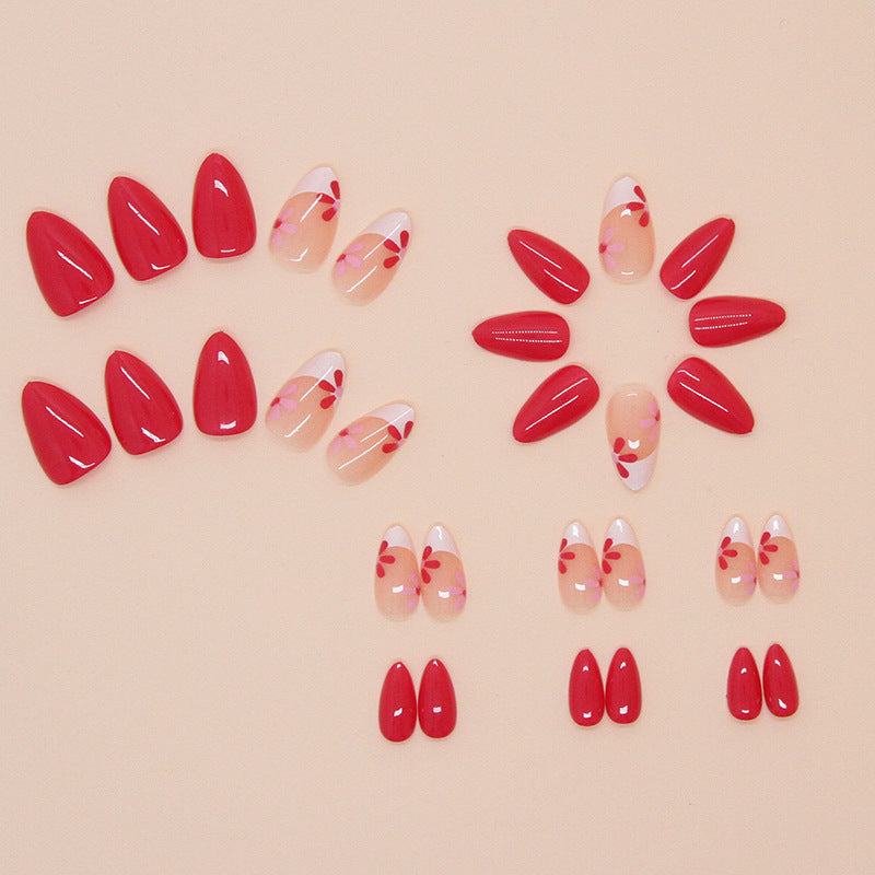 French Red Flower Press on Nails 24Pcs Short Almond Nails