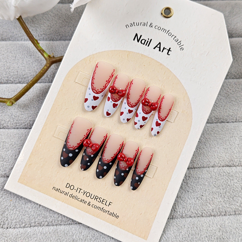 Lace Black Red French（Handmade press on nails）/10Pcs Stiletto Nails