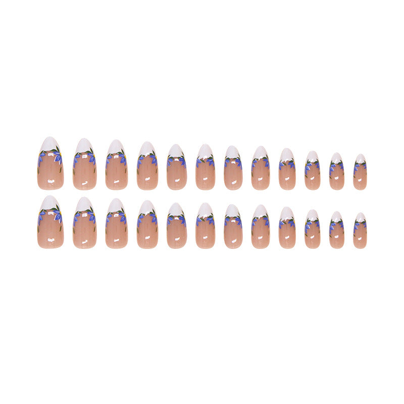 French Iris Flower Nude Press on Nails 24Pcs Medium Almond Nails