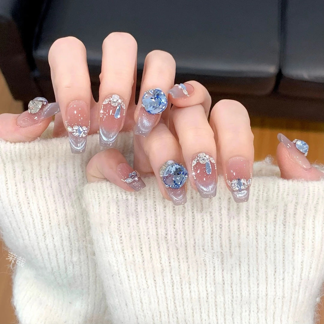 Sapphire French Cat Eye（Handmade press on nails）/10Pcs Coffin Nails