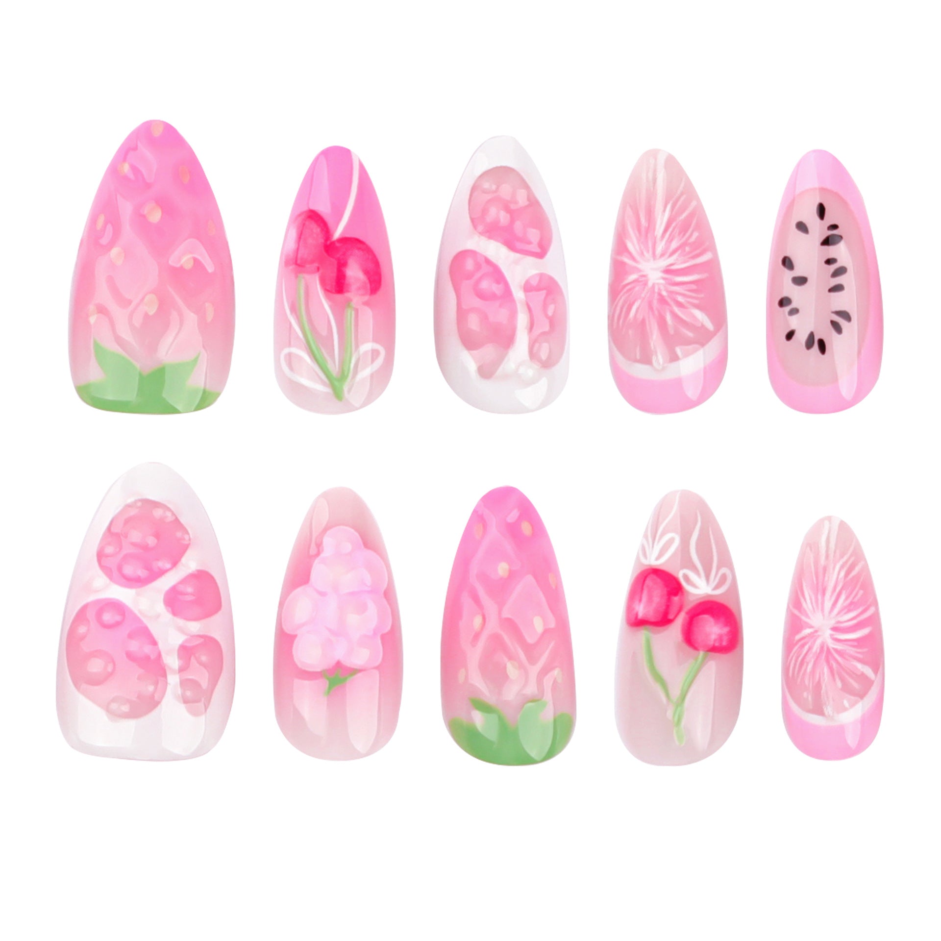 3D Fruit Strawberry Cherry Press on Nails 24Pcs Medium Almond Nails