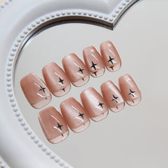 Star Cat Eye Pink Press on Nails 24Pcs Short Squoval  Nails