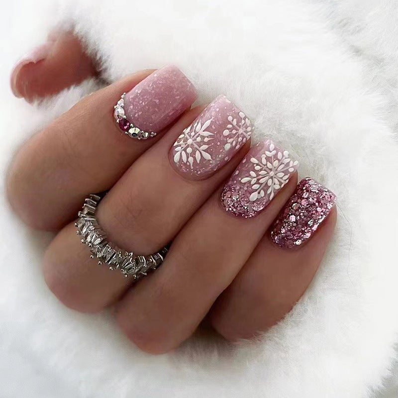 Sparkling Snowflakes Press on Nails 24Pcs Short Squoval Nails