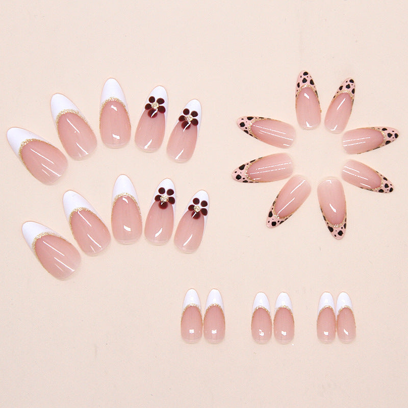 French Leopard Print Flower Presson on Nails 24Pcs Medium Almond Nails