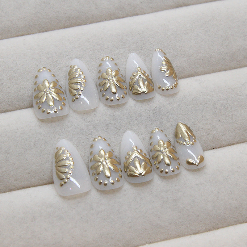 3D Golden Flower White Press on Nails 24Pcs Short Almond Nails