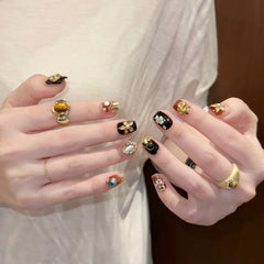 Black Gold 3D Flower（Handmade press on nails）/10Pcs Square Nails