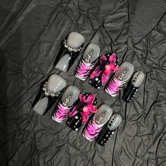 Pink Stripes 3D Flower（Handmade press on nails）/10Pcs Square Nails