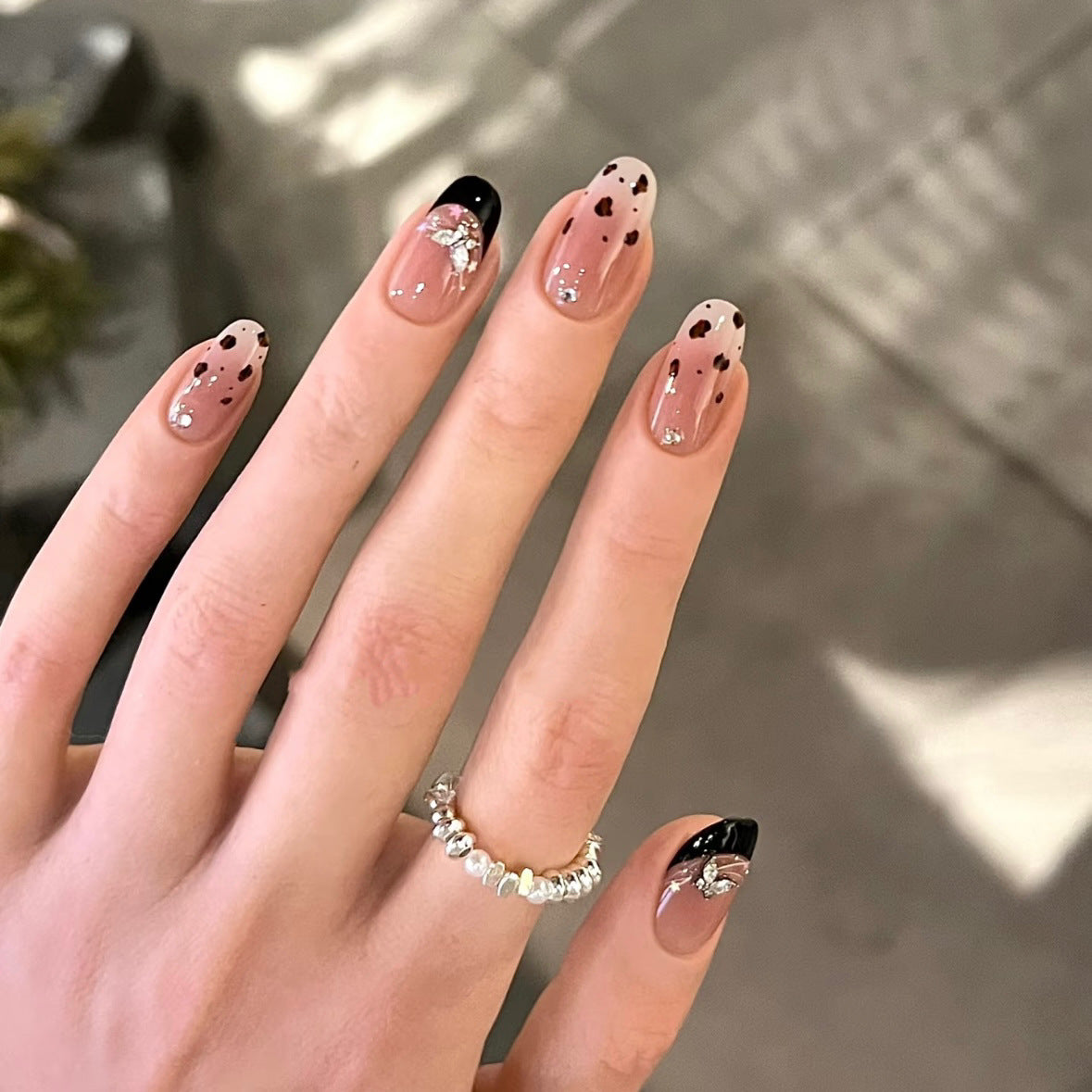 Leopard Black French Butterfly Cat Eye（Handmade press on nails）/10Pcs Oval Nails