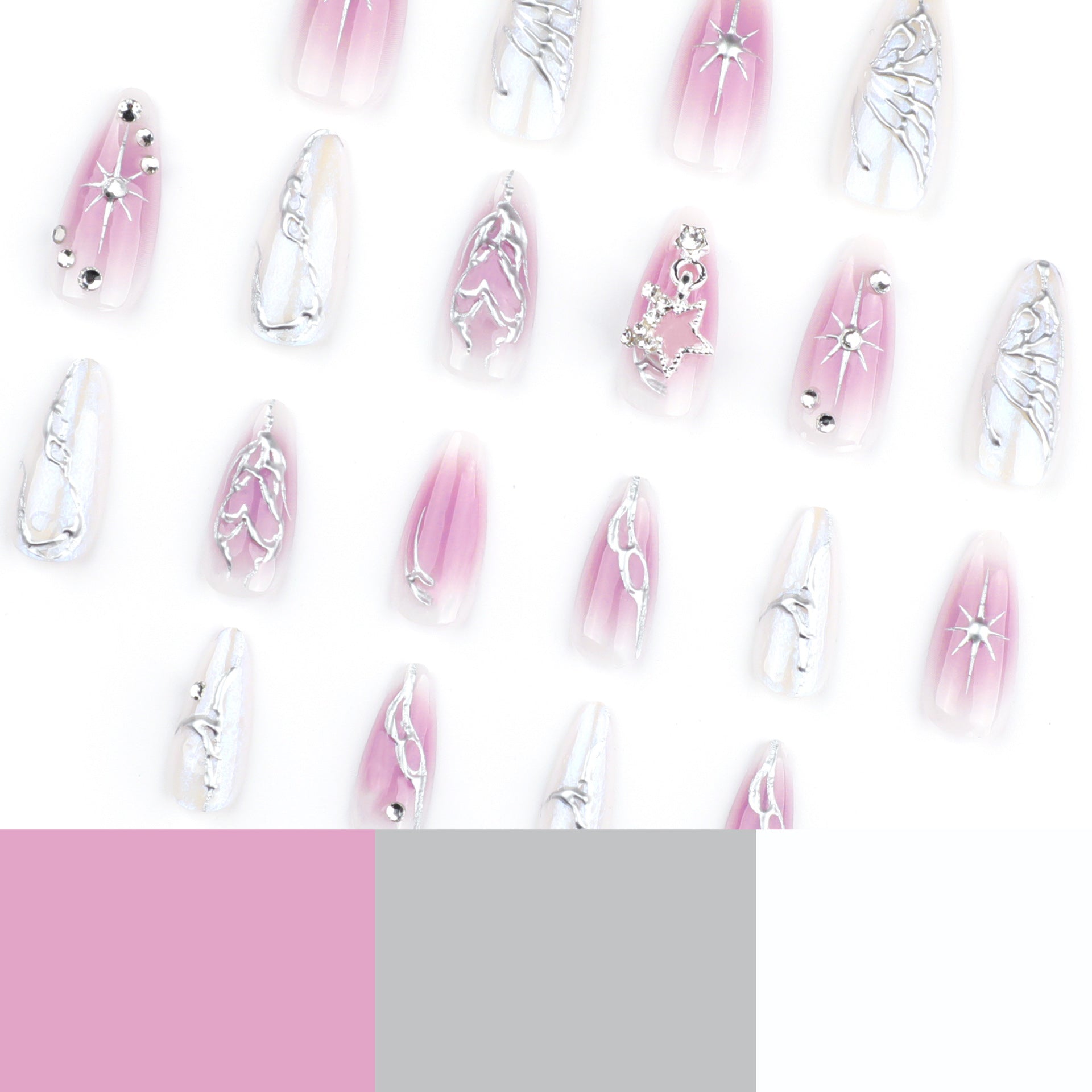 3D Silver Butterfly Press on Nails 24Pcs Medium Almond Nails