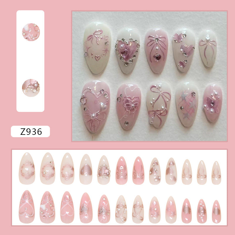 Cute bow diamond Pink Press on Nails 24Pcs Medium Almond Nails