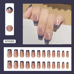 Blue French Cat Eye Nude Press on Nails 24Pcs Medium Squoval Nails