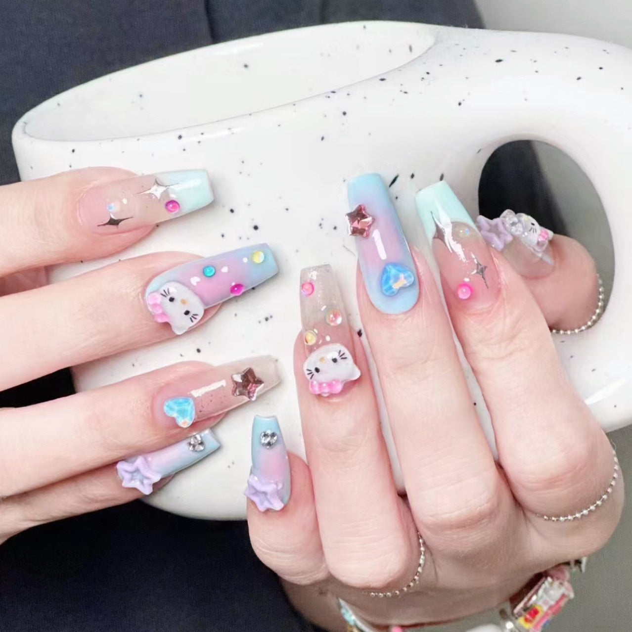 Dopamine Color Kitty Handmade press on Nails / 10Pcs Ballerina Nails