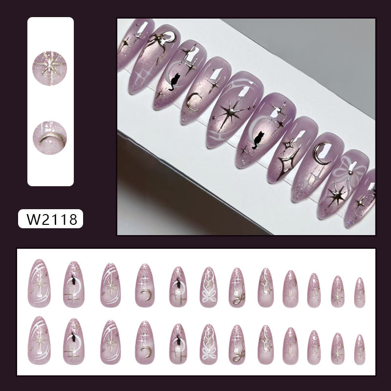Starry Cat Moon Cat Eye Presson on Nails 24Pcs Medium Almond Nails