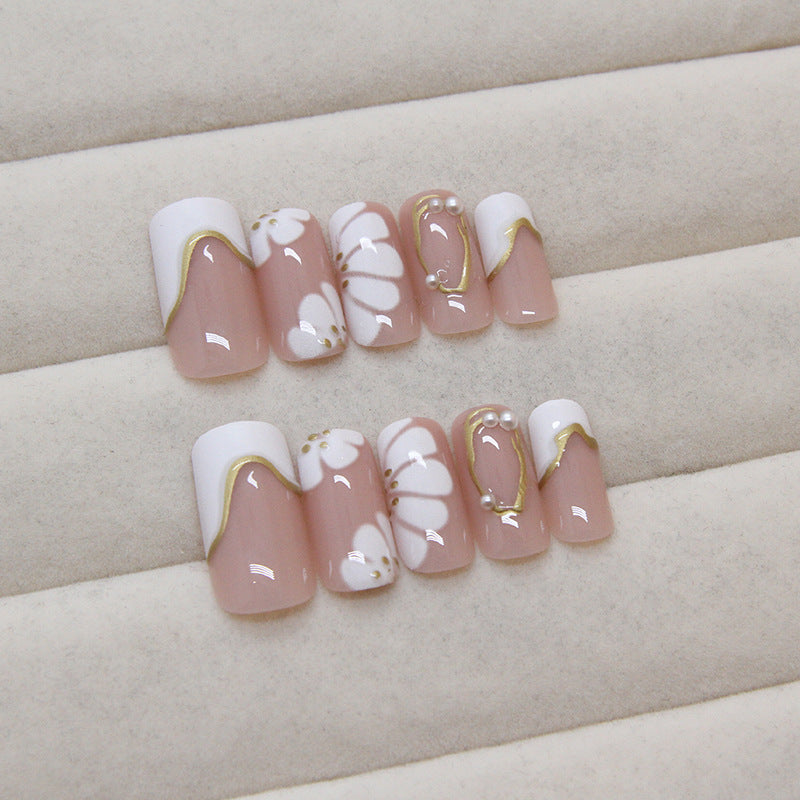 French 3D Line Flower White Press on Nails 24Pcs Medium Squoval Nails