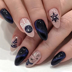 Night Sky Snowflake Elk Press on Nails 24Pcs Medium Almond Nails