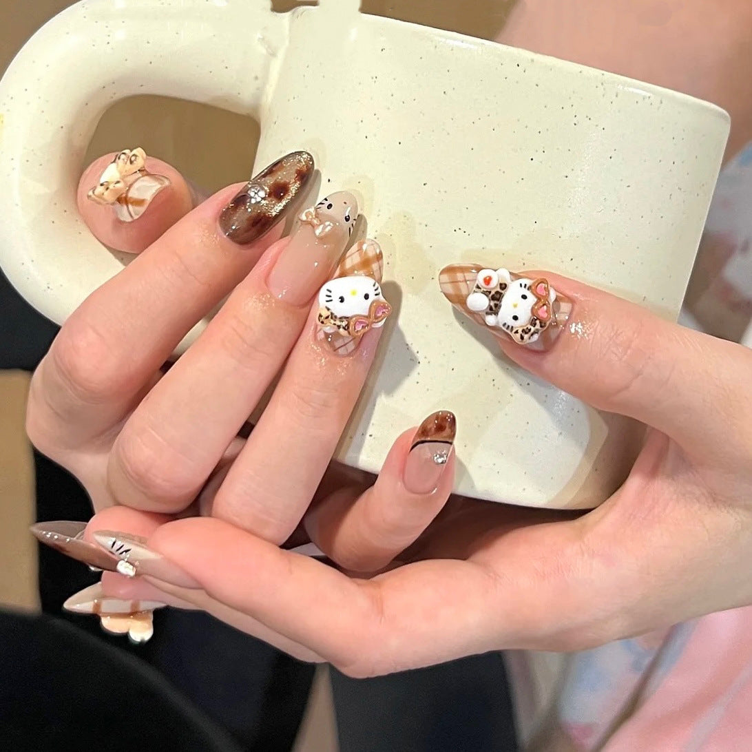Plaid Kitty Leopard Cat Eye（Handmade press on nails）/10Pcs Stiletto Nails