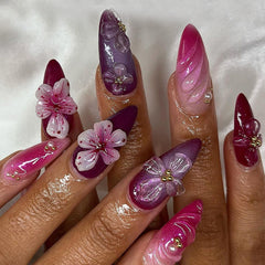 3D flower Purple Press on Nails 24Pcs Short Almond Nails