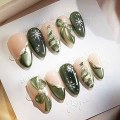 Green Christmas Tree Bow Presson on Nails 10Pcs Medium Almond Nails