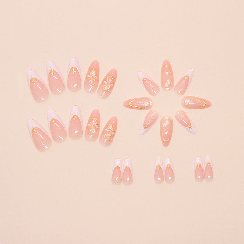 French 3D Flower Nude Press on Nails 24Pcs Medium Almond Nails