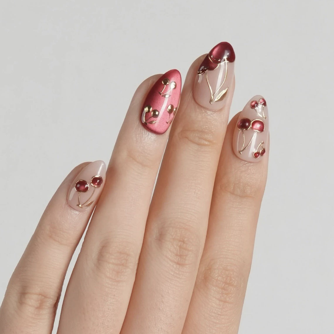 Cherry Cat Eye（Handmade press on nails）/10Pcs Almond Nails