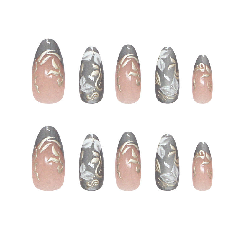 Leaves and Flowers French Cat Eye on Nails 30Pcs Medium Almond Nails