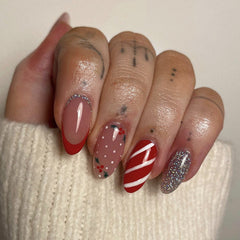 Red Candy Stripes Press on Nails 24Pcs Medium Almond Nails