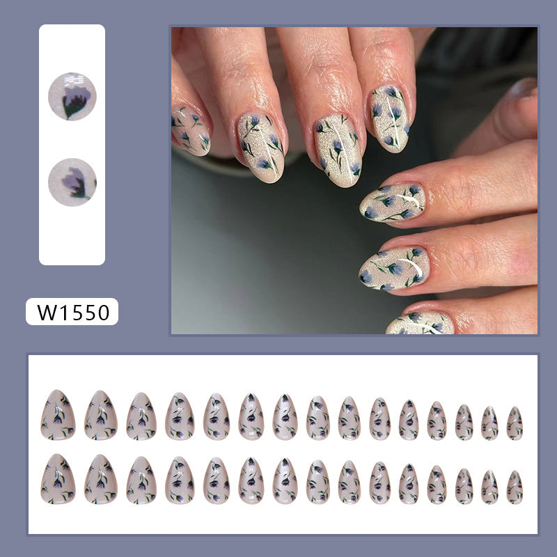 Cat Eye Flowers Press on Nails 30Pcs Short Almond Nails