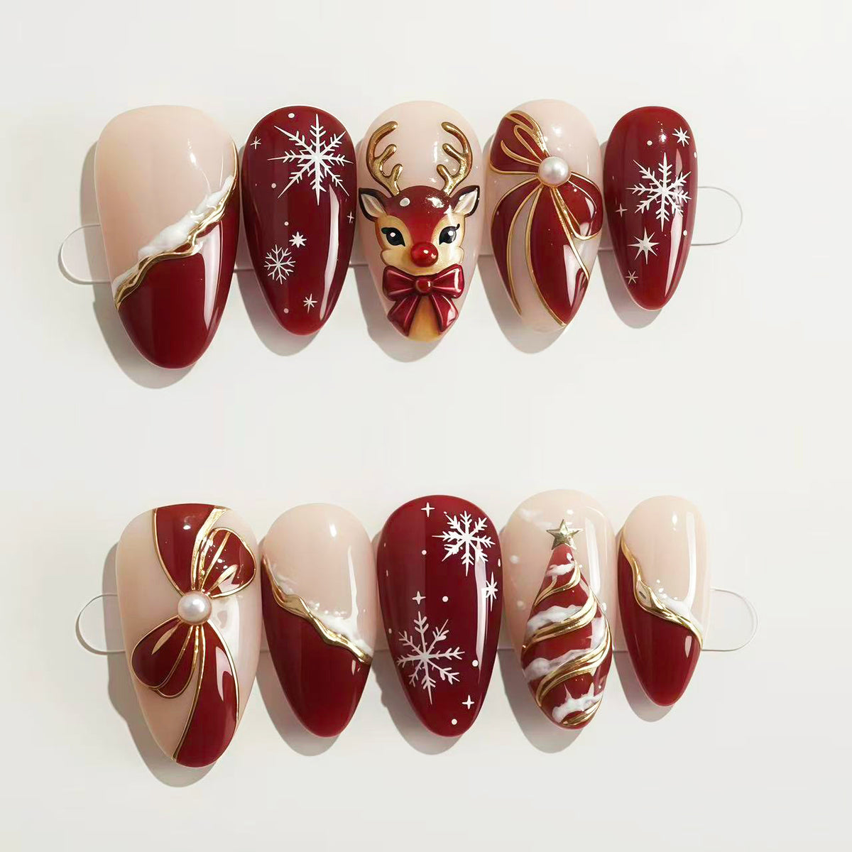 Christmas Deer Bow Presson on Nails 10Pcs Medium Almond Nails