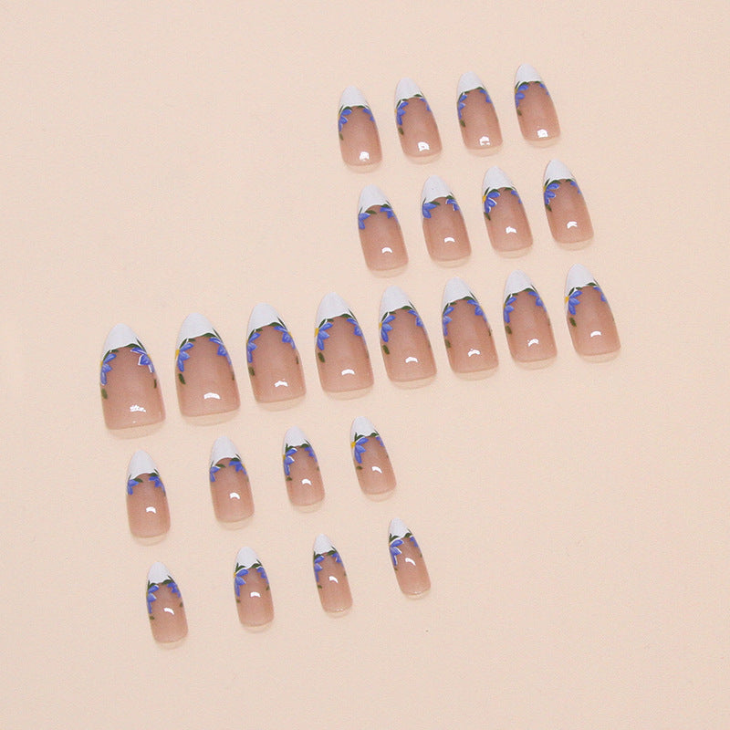 French Iris Flower Nude Press on Nails 24Pcs Medium Almond Nails