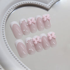 French Bow Pearls Pink Press on Nails 24Pcs Medium Squoval  Nails