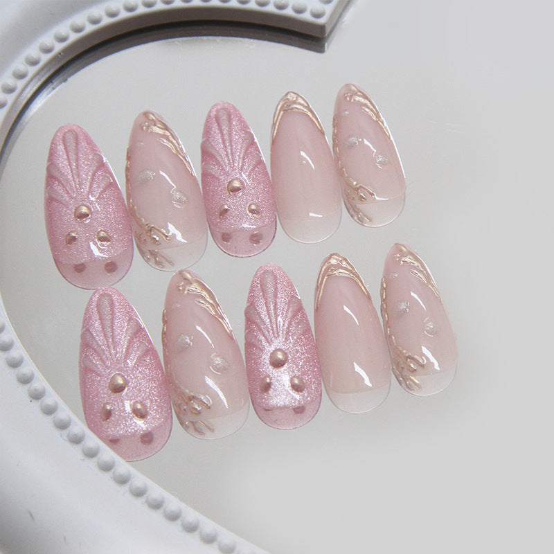 3D shell golden lines Pink Press on Nails 24Pcs Medium Almond Nails