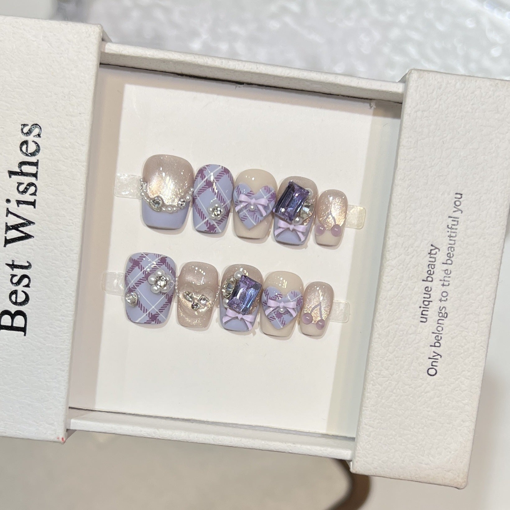 Pearl Zircon Diamond Heart Cat Eye（Handmade press on nails）/10Pcs Square Nails