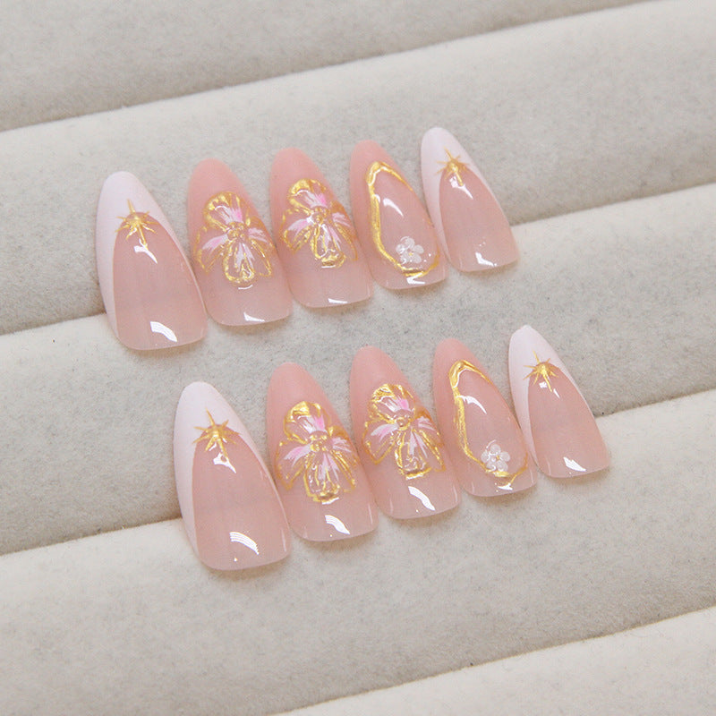 French 3D Flower Nude Press on Nails 24Pcs Medium Almond Nails