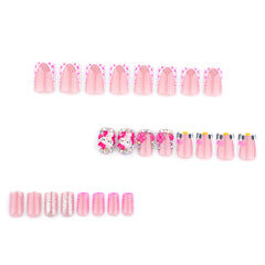 French Kitty Heart Press on Nails 24Pcs Short Squoval Nails