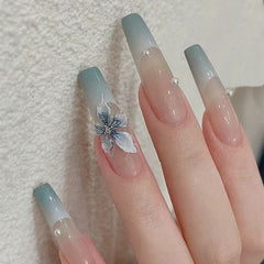 French 3D Orchid Blue Press on Nails 24Pcs Long Ballerina Nails